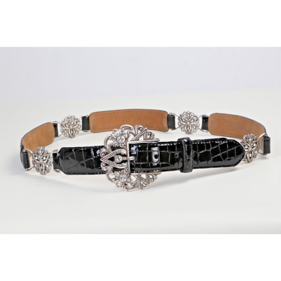 Vintage Brighton Black Croc Embossed Leather Belt Silver Crystal Buckle Size 38 main image 9